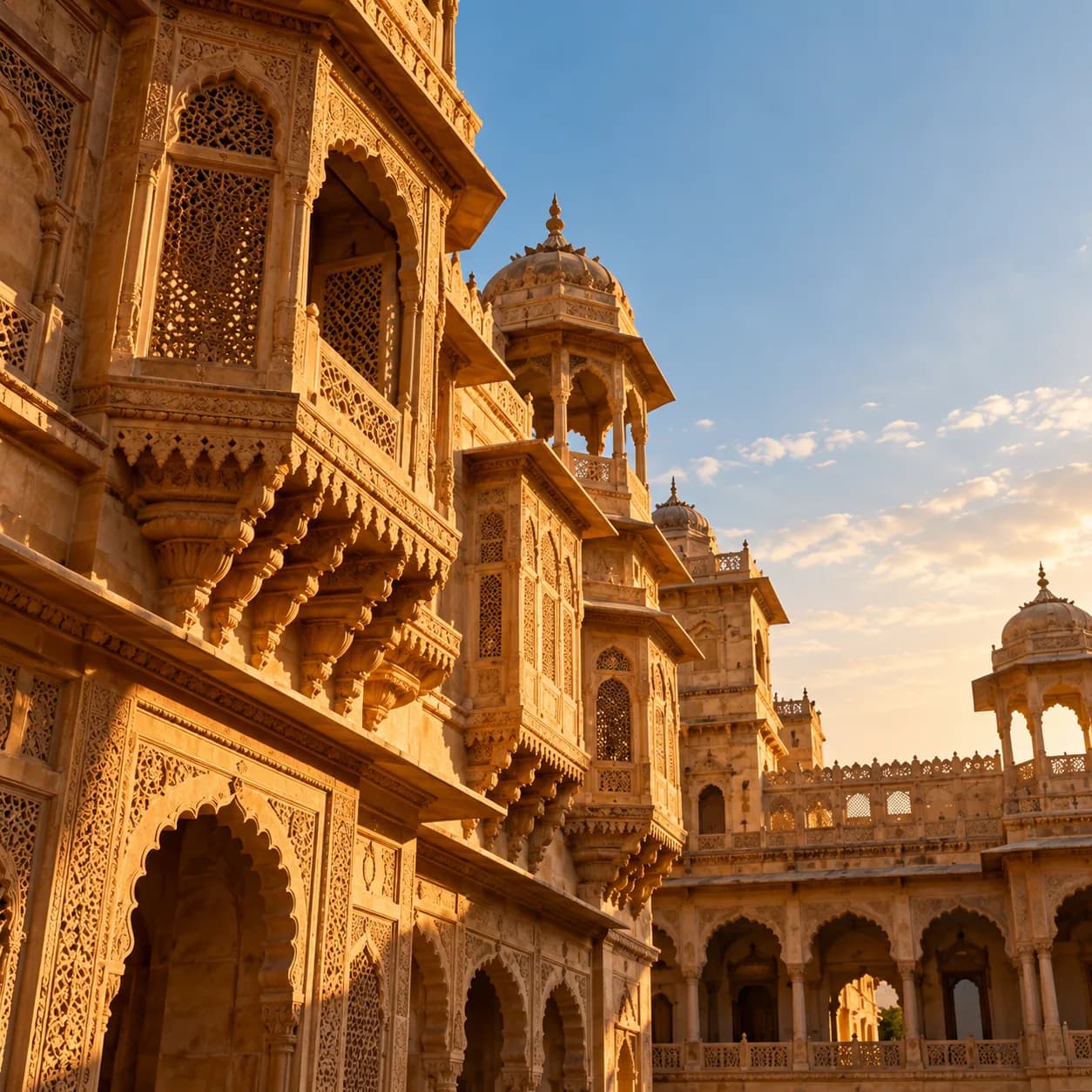 Carved sandstone facades of a Rajasthan heritage palace at golden hour