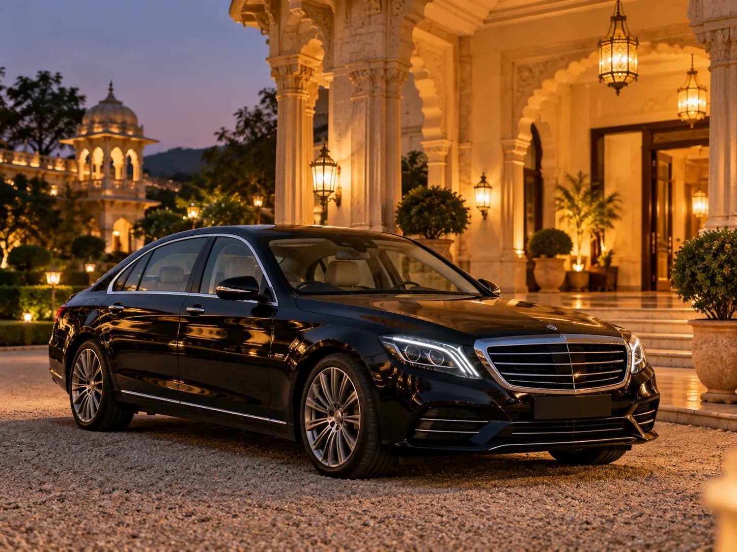 A luxury saloon waiting on a palace hotel driveway at dusk