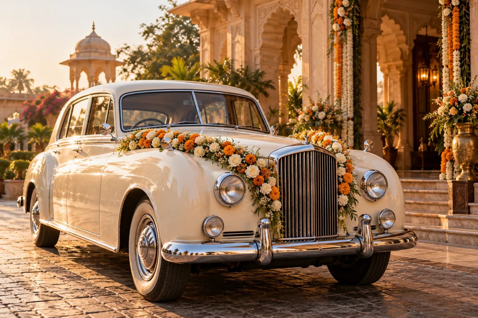 A restored cream vintage saloon garlanded with marigolds and roses outside a heritage venue