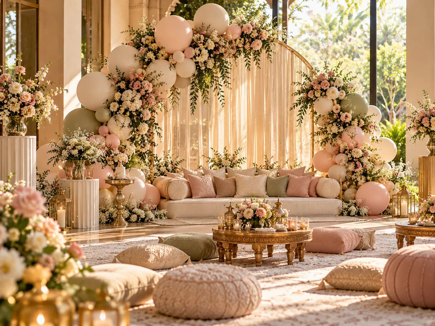 A floral and balloon arch in cream and blush for a baby shower
