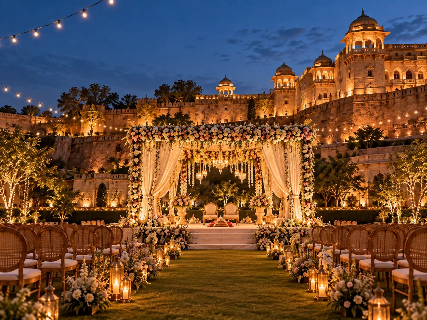 An outdoor wedding stage set against a floodlit heritage backdrop