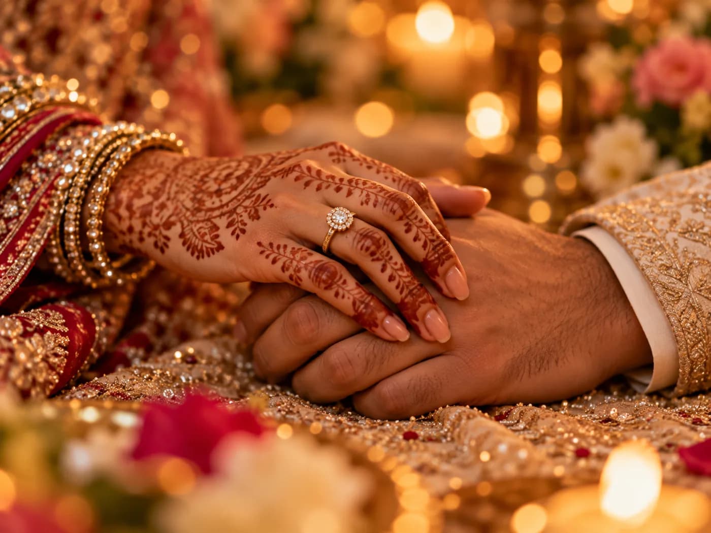 A couple's hands together, one wearing a gold engagement ring