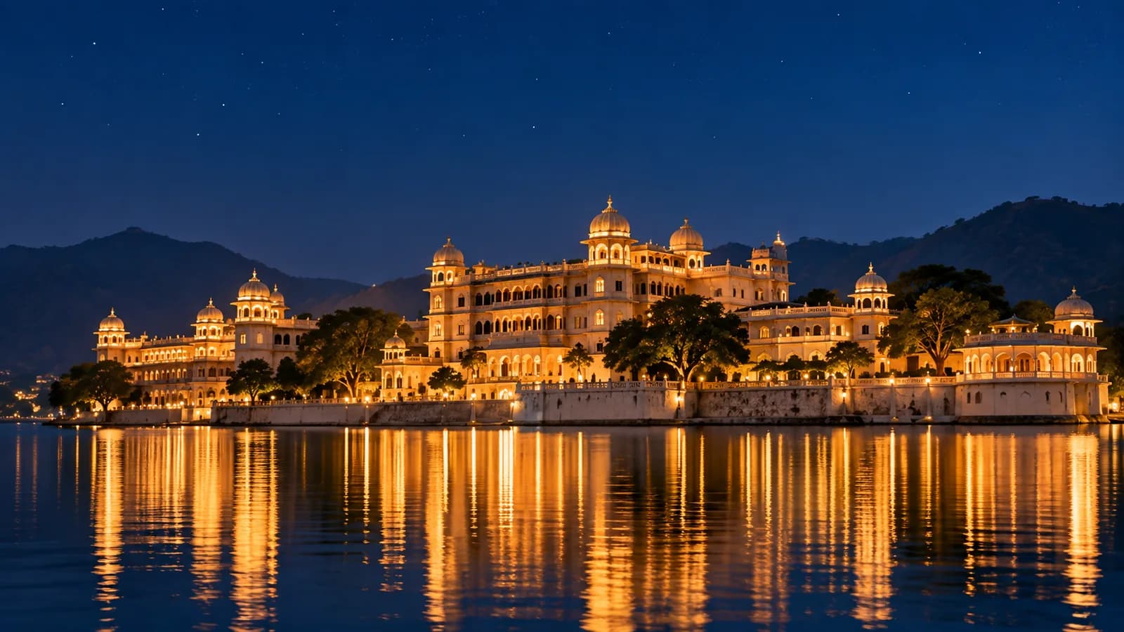 A heritage palace on the water, illuminated at night