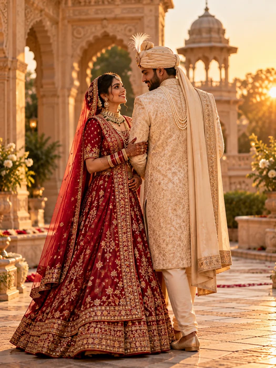 A bride and groom in full traditional Indian wedding attire in a heritage courtyard