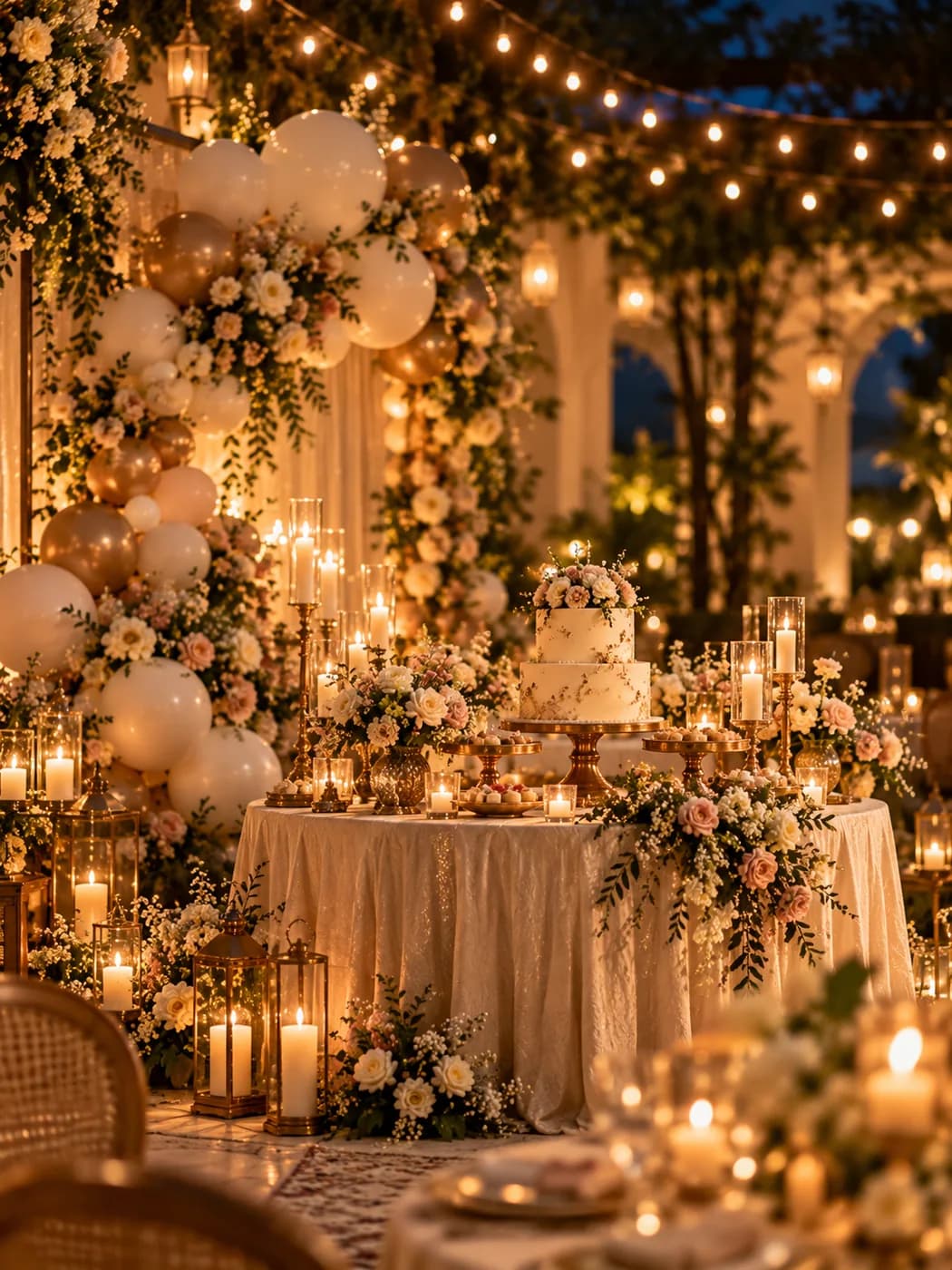 A milestone birthday table with a tiered cake and warm string lights