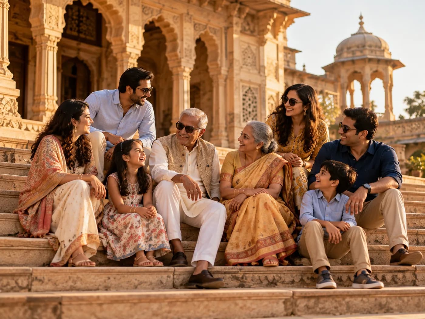 A family group photographed together on the steps of a heritage building