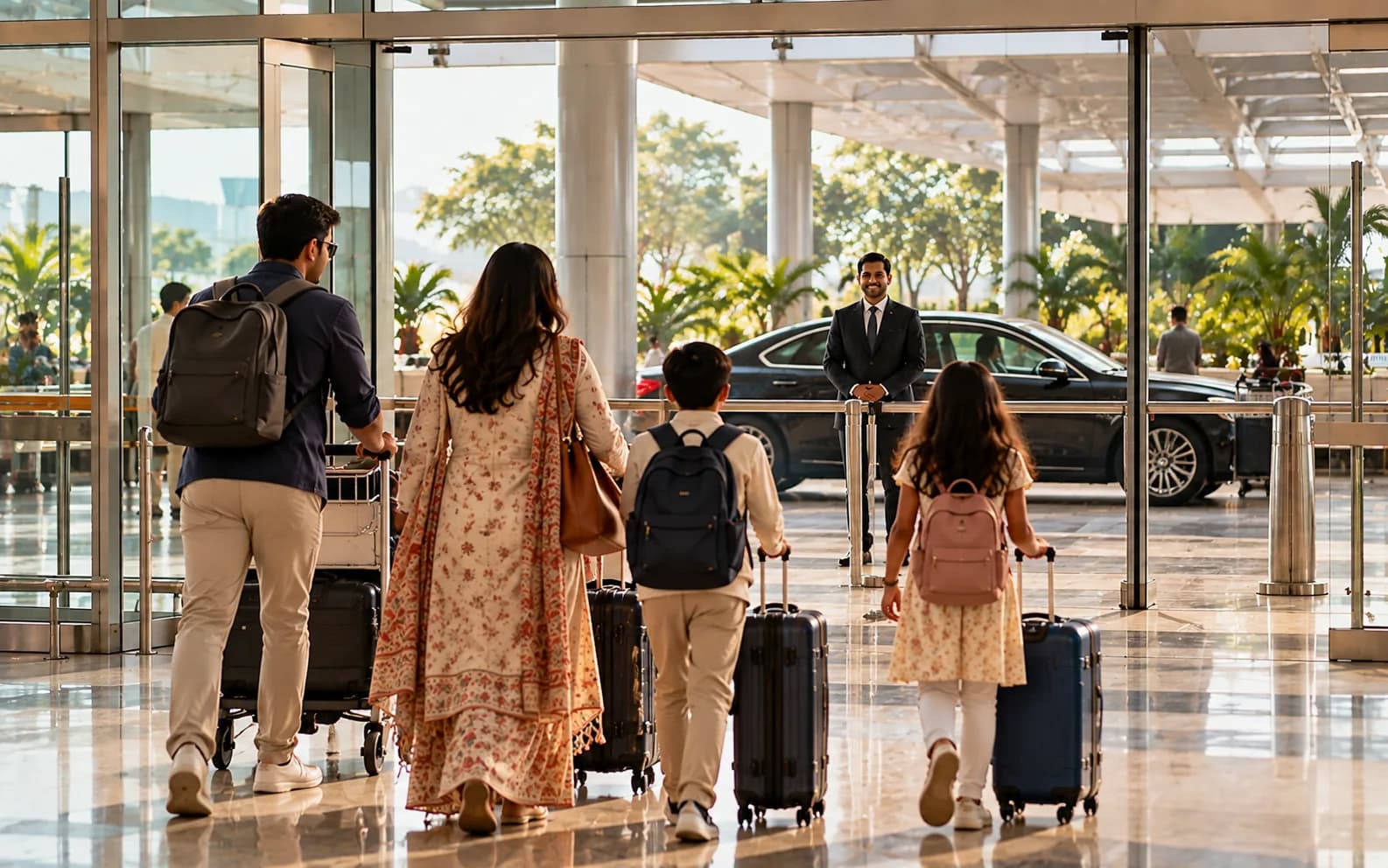 Guests walking out of an Indian arrivals hall towards a waiting driver