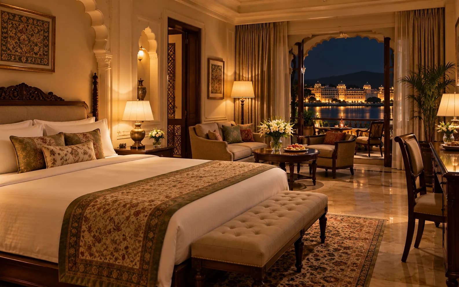 A hotel suite prepared for arriving guests, lamps lit and welcome sweets set out