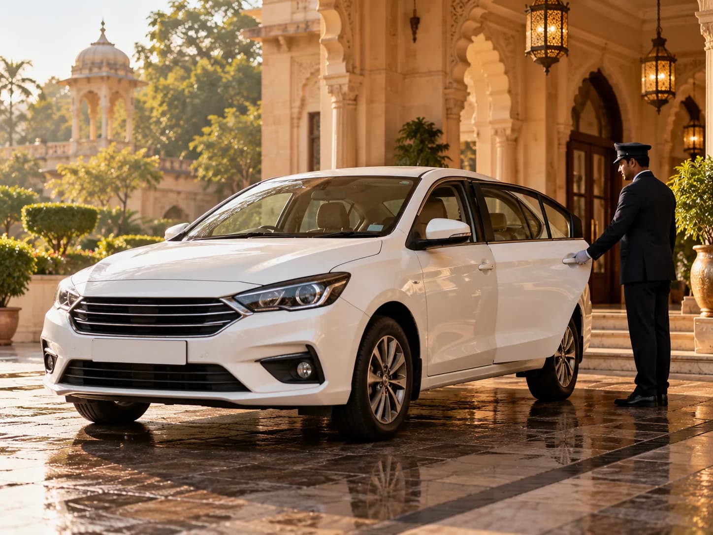 A clean white chauffeur-driven sedan of the kind used for city transfers in India