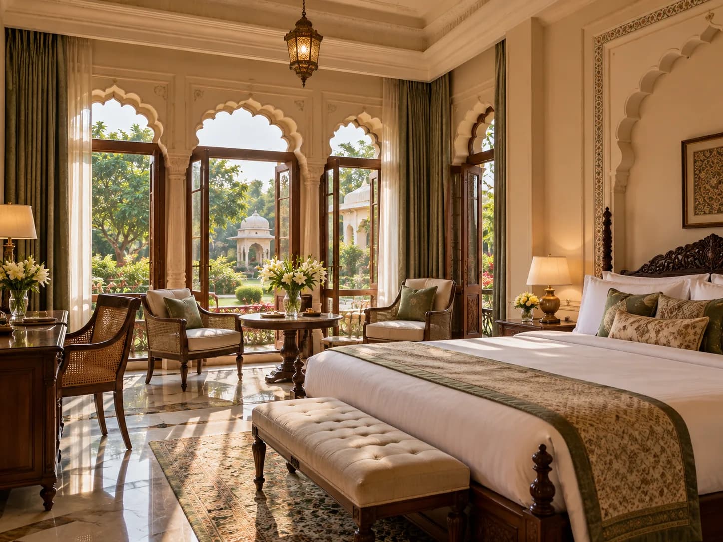 A hotel room with shuttered windows open onto a garden