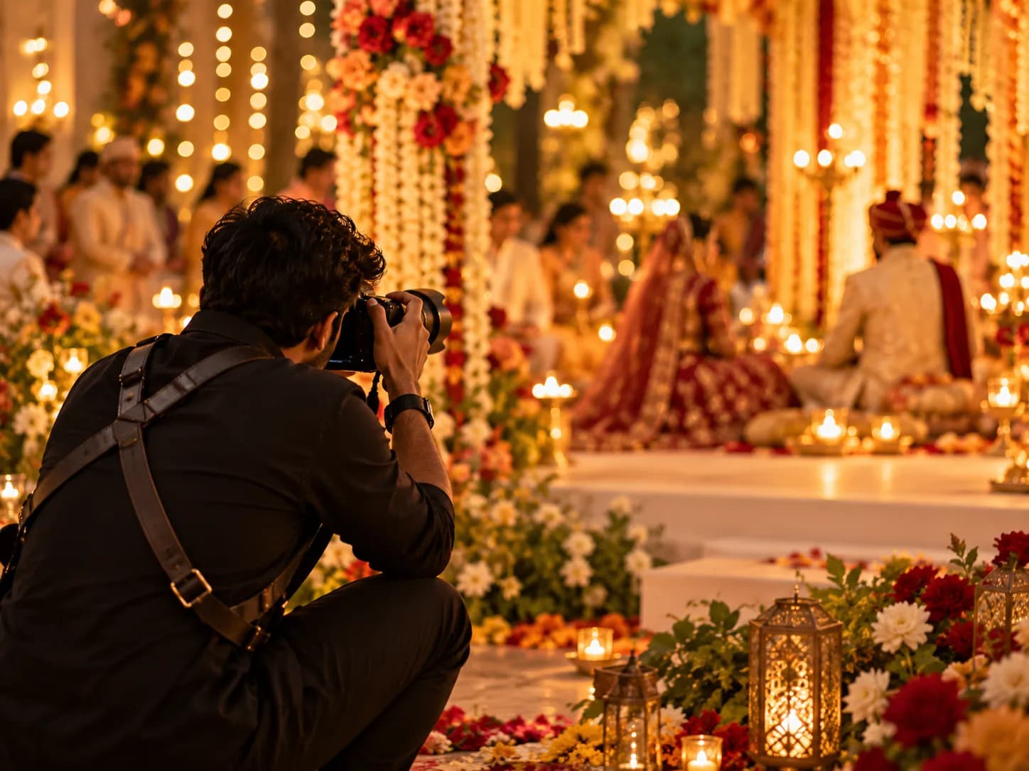 A wedding photographer working at the edge of a function