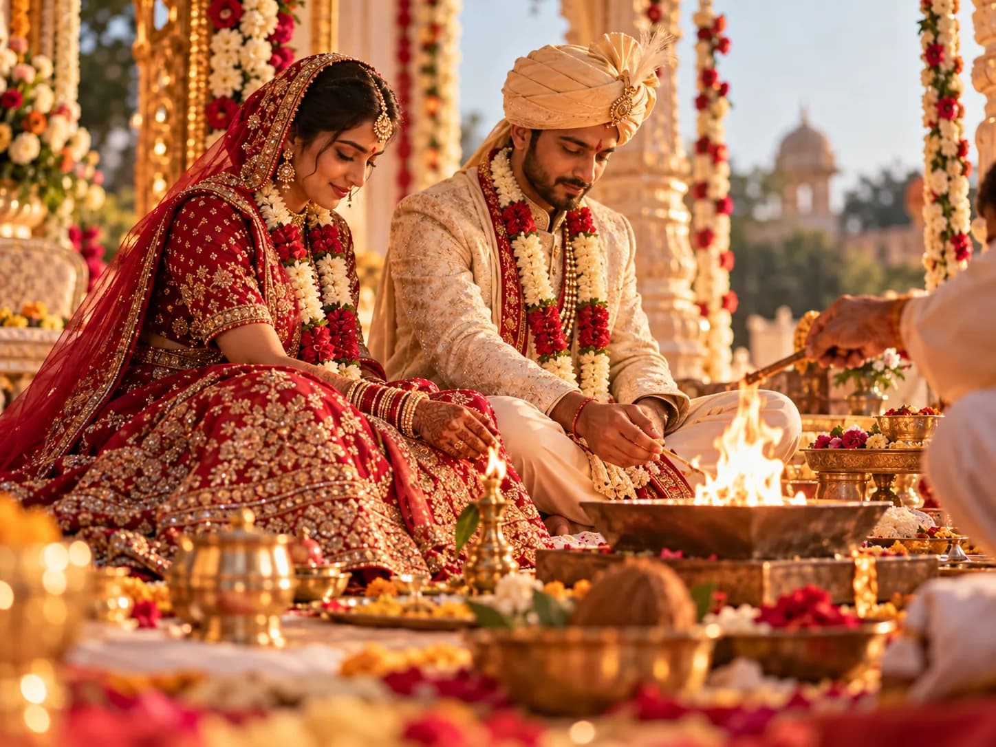 A bride and groom before the sacred fire during a Hindu ceremony
