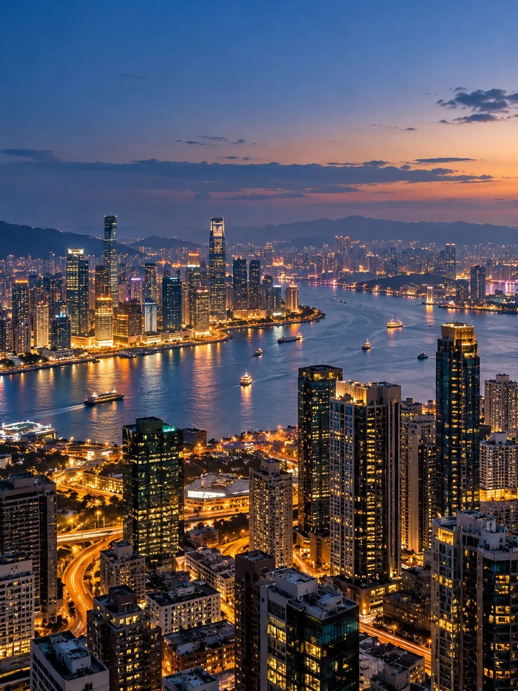 A modern international city skyline at blue hour, towers and a lit harbour seen from above