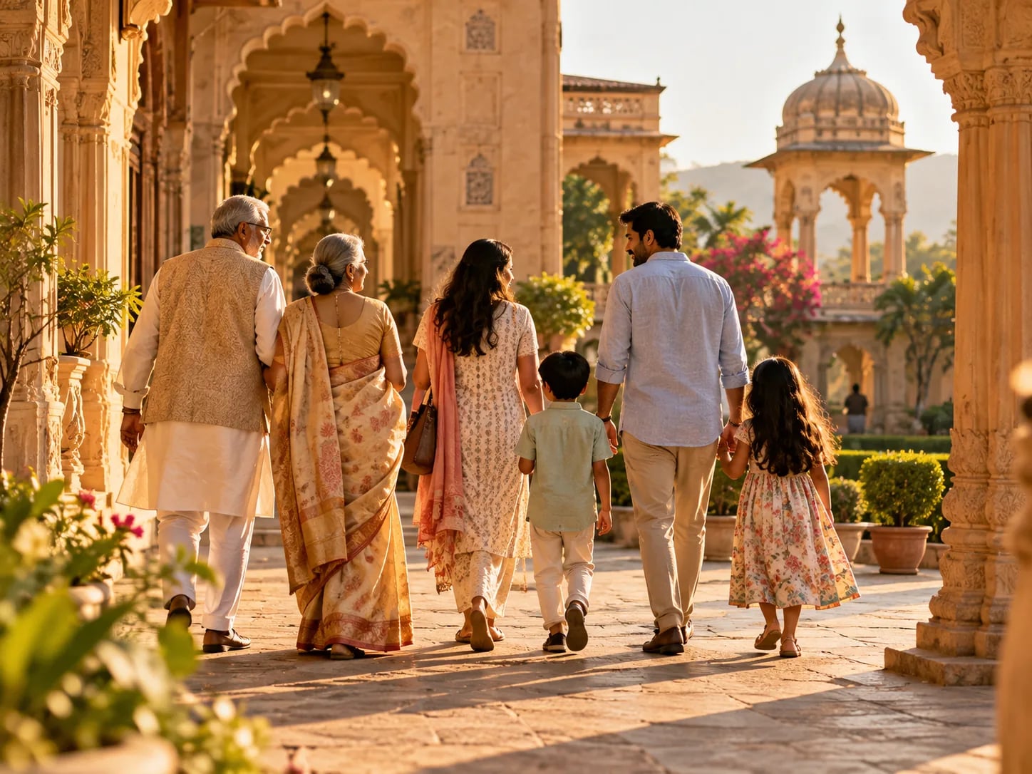 Three generations of a family walking through a heritage courtyard in India