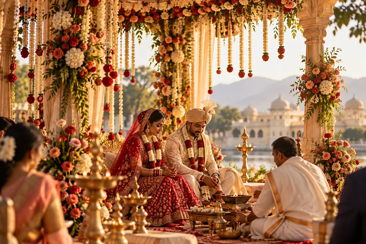 A couple in traditional Indian wedding attire beneath a floral mandap