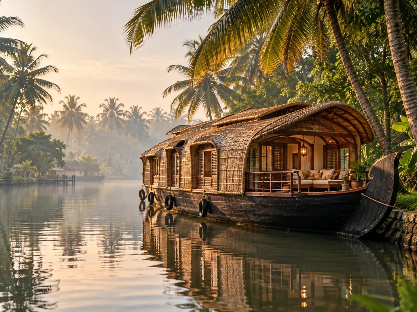 A Kerala houseboat moored among coconut palms on the backwaters