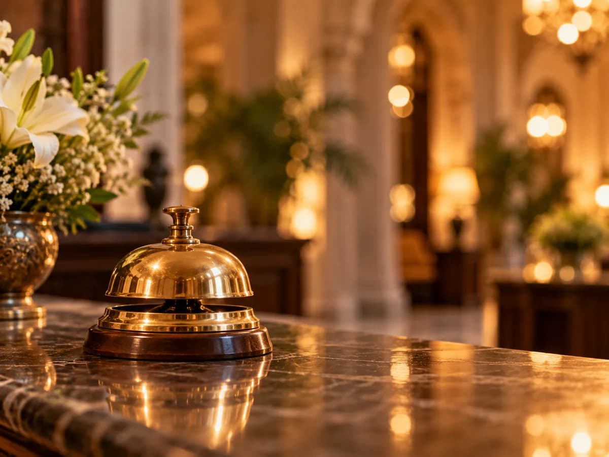 A polished brass service bell on a marble reception counter
