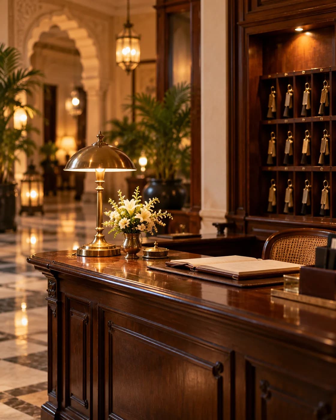 A concierge desk in dark wood with a brass lamp and fresh flowers