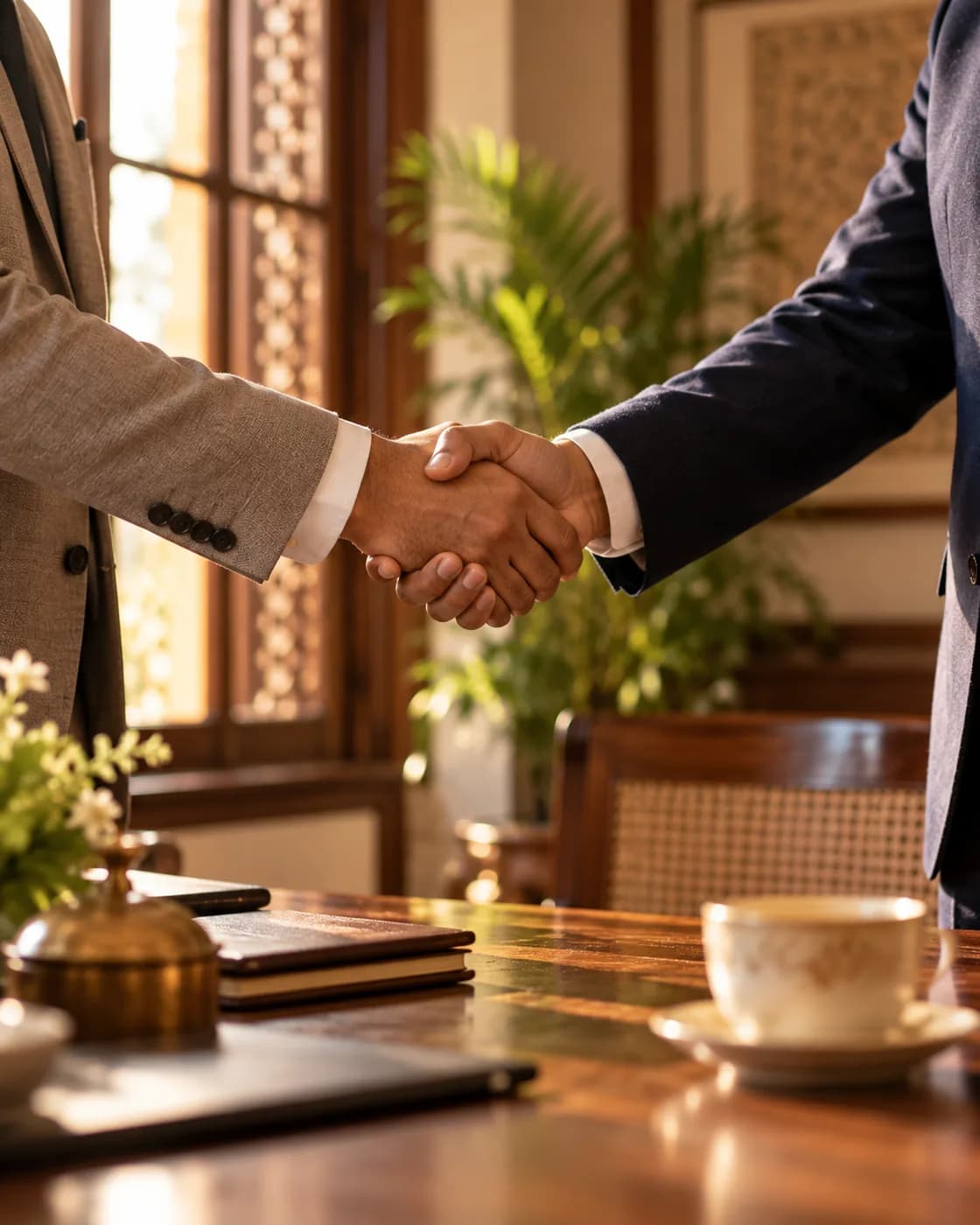 Two people shaking hands at the close of a meeting