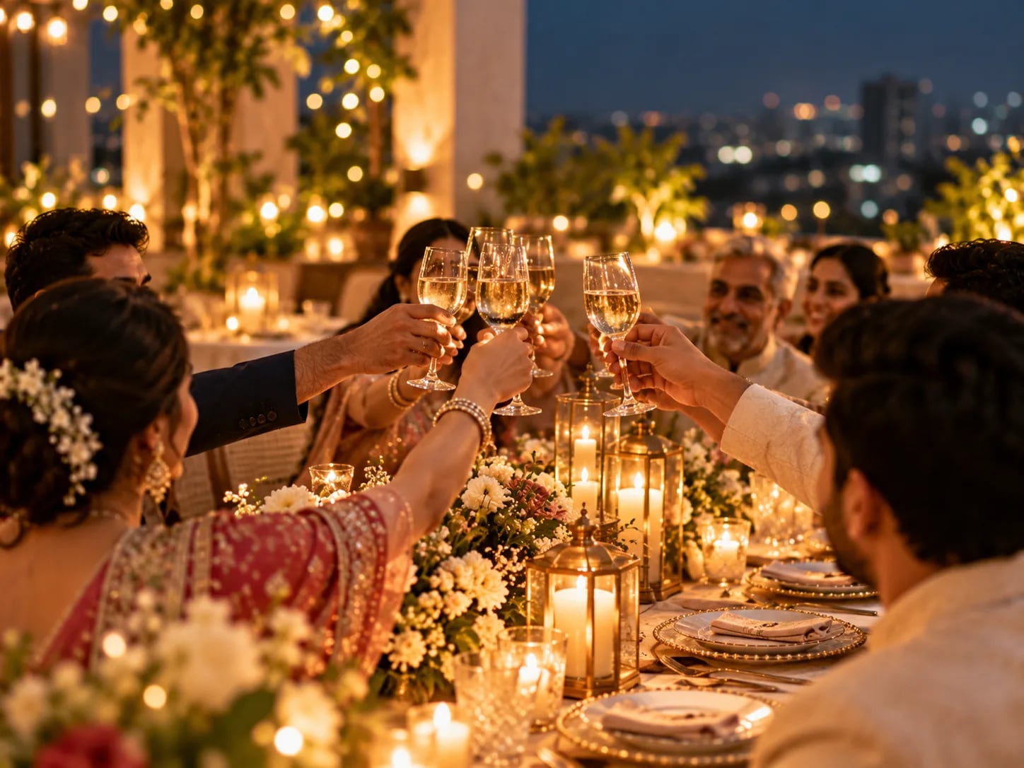 Guests raising glasses together at an evening terrace dinner