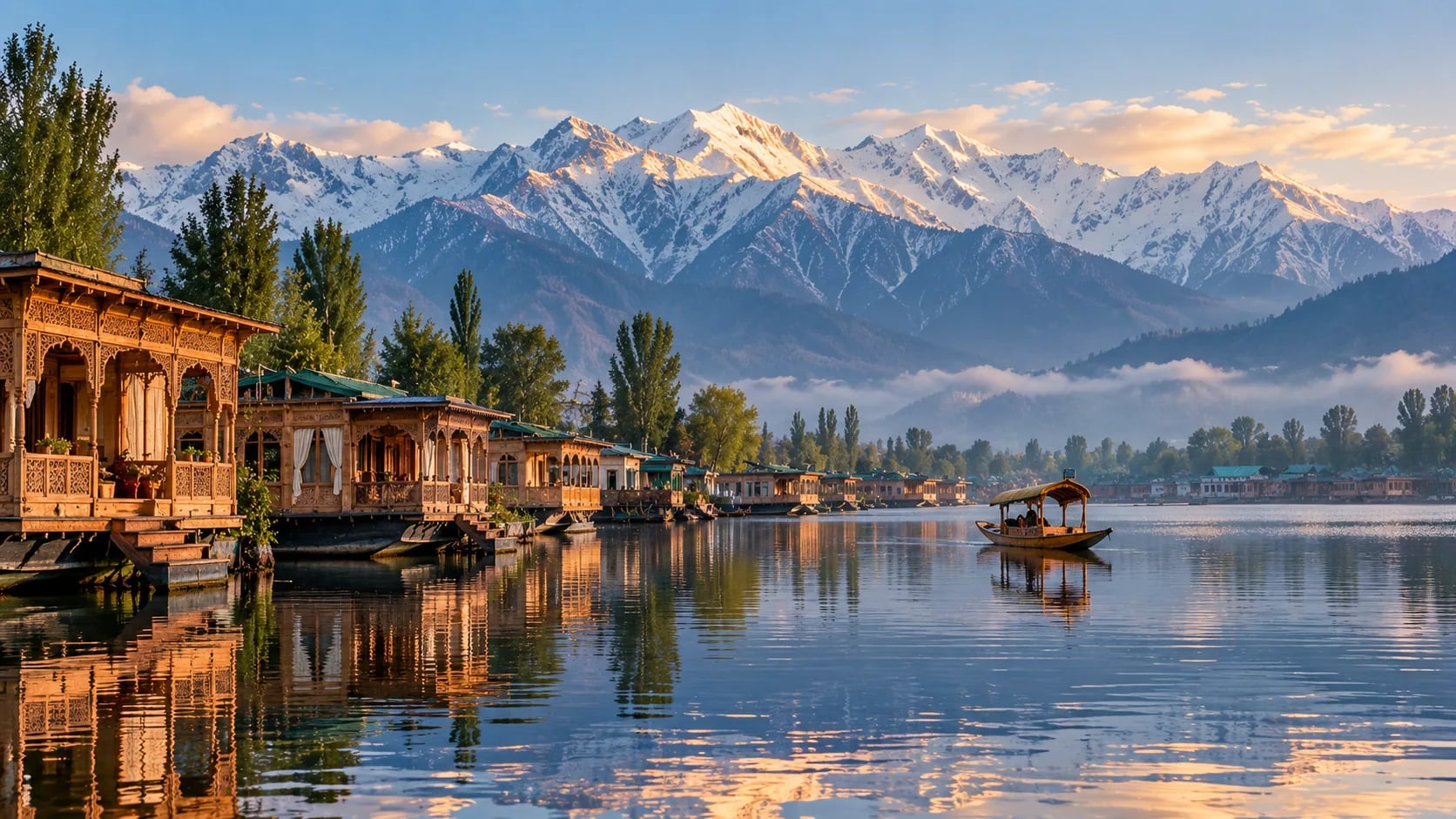Houseboats moored on Dal Lake below snow-covered mountains