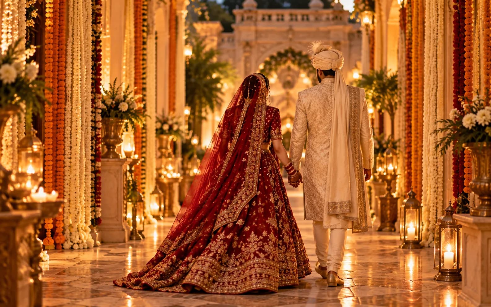 A newlywed couple walking hand in hand down a garlanded corridor