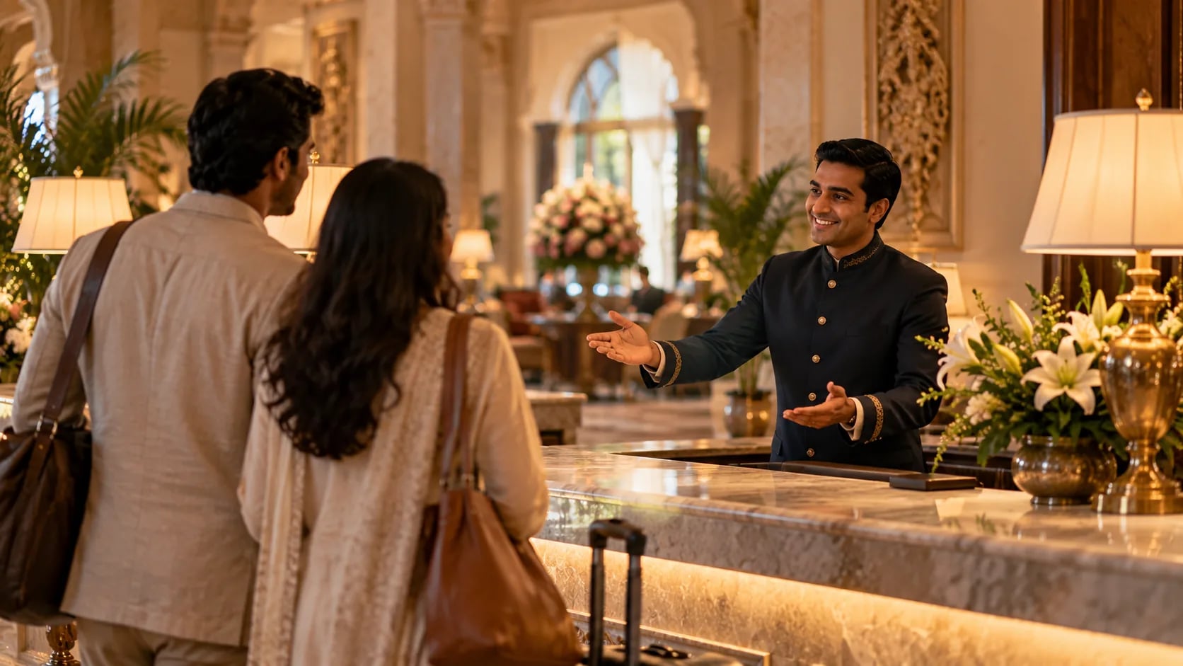 A concierge welcoming an arriving couple at the front desk of a luxury Indian hotel