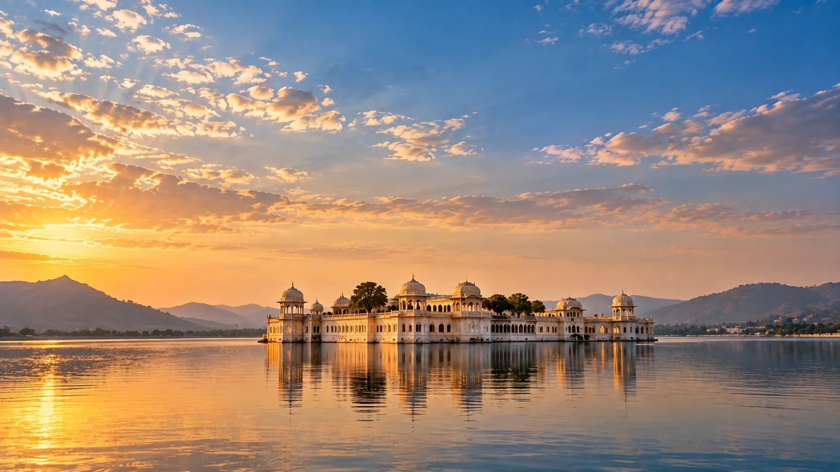 A heritage water palace low on the horizon under a wide sky