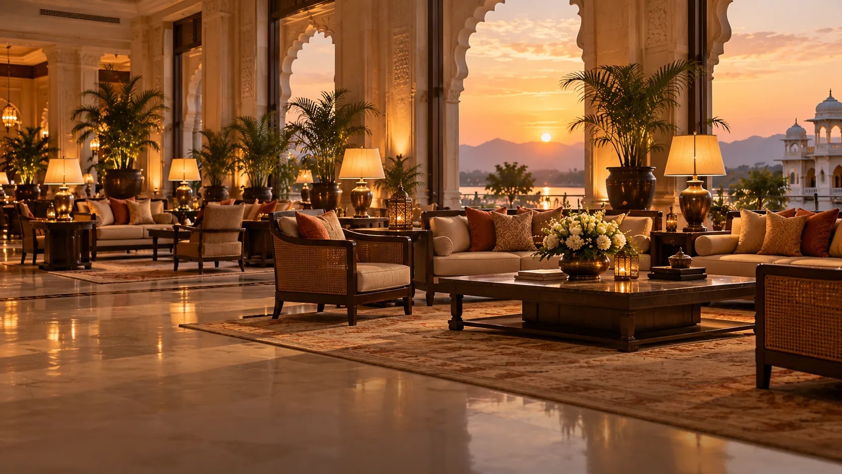 A warmly lit hotel lounge prepared for guests