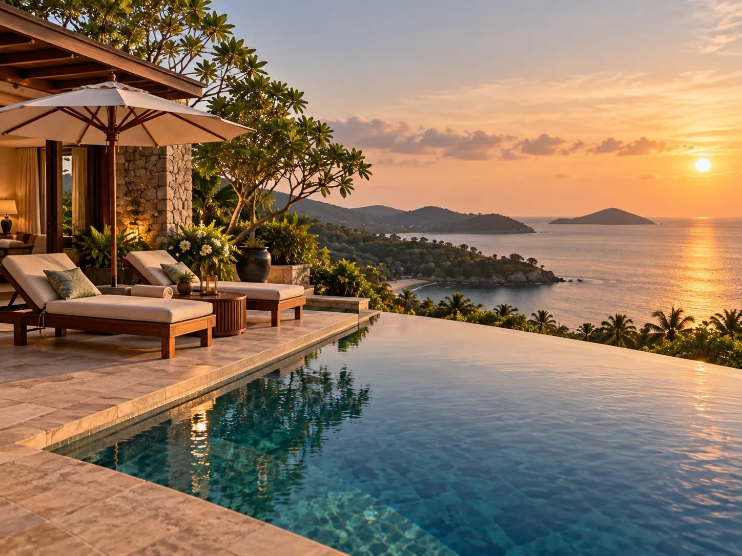 An infinity pool dissolving into a calm blue bay
