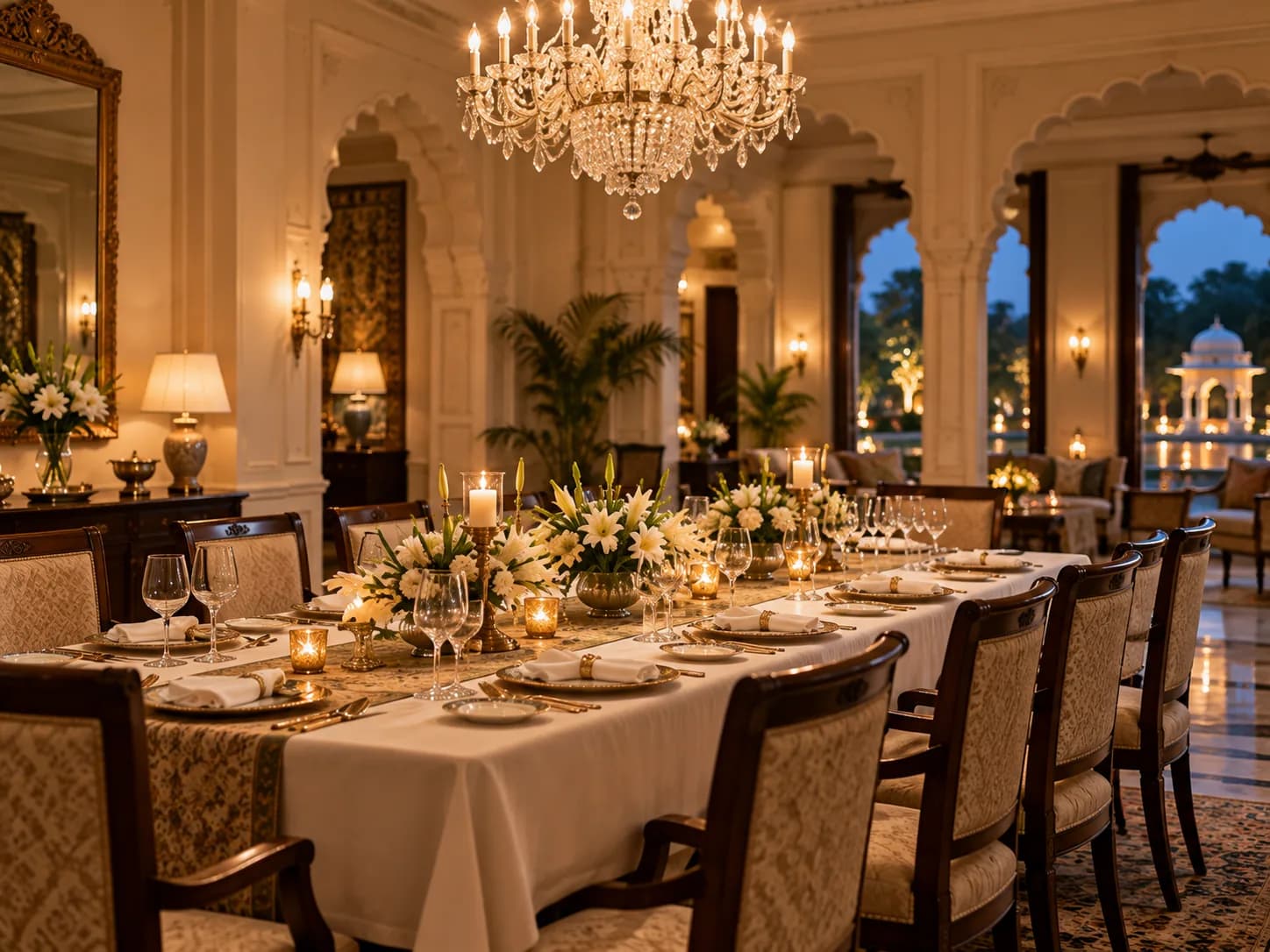 A formal dining room beneath a chandelier, laid for guests
