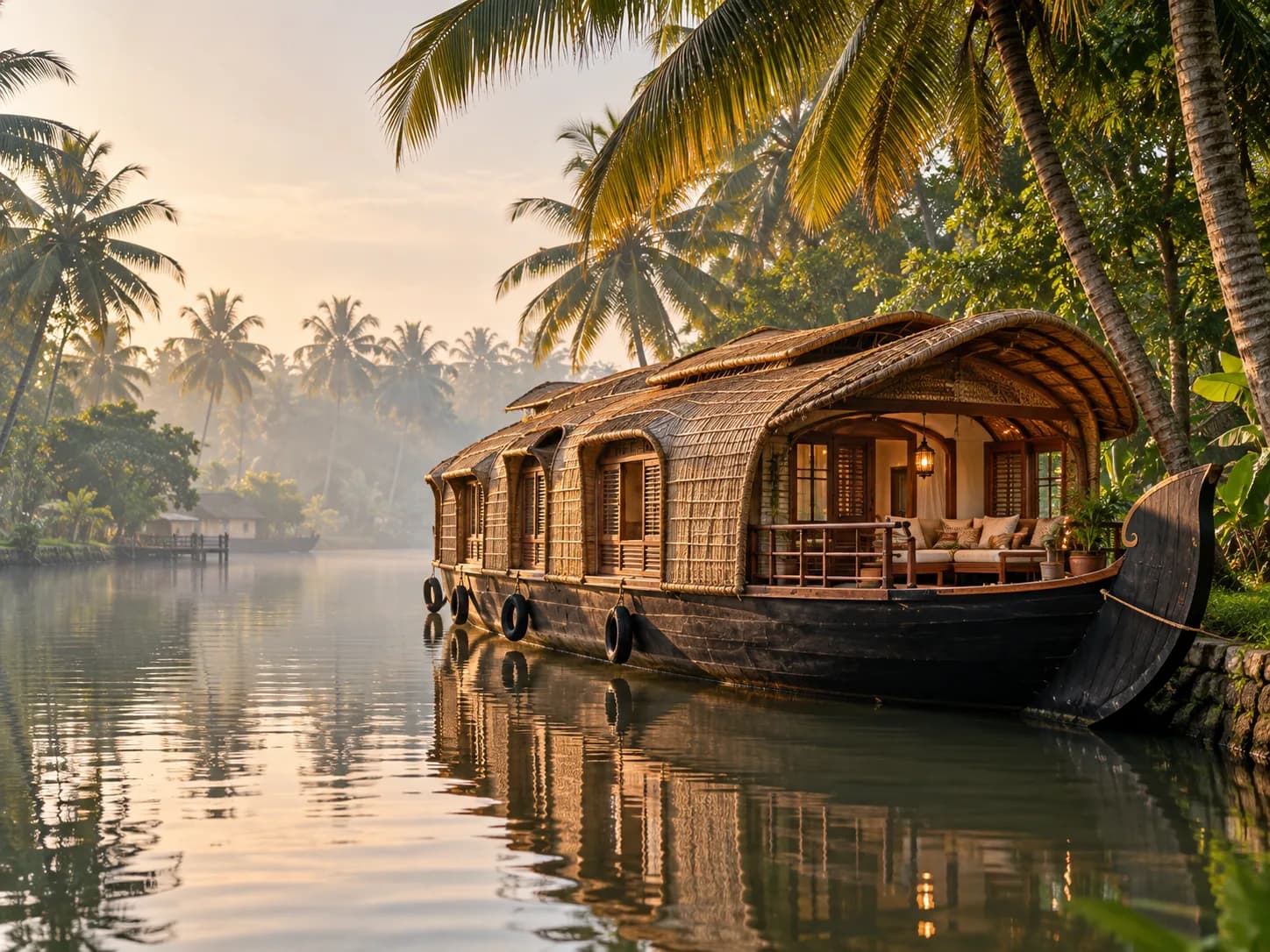 A Kerala houseboat moored among coconut palms on the backwaters