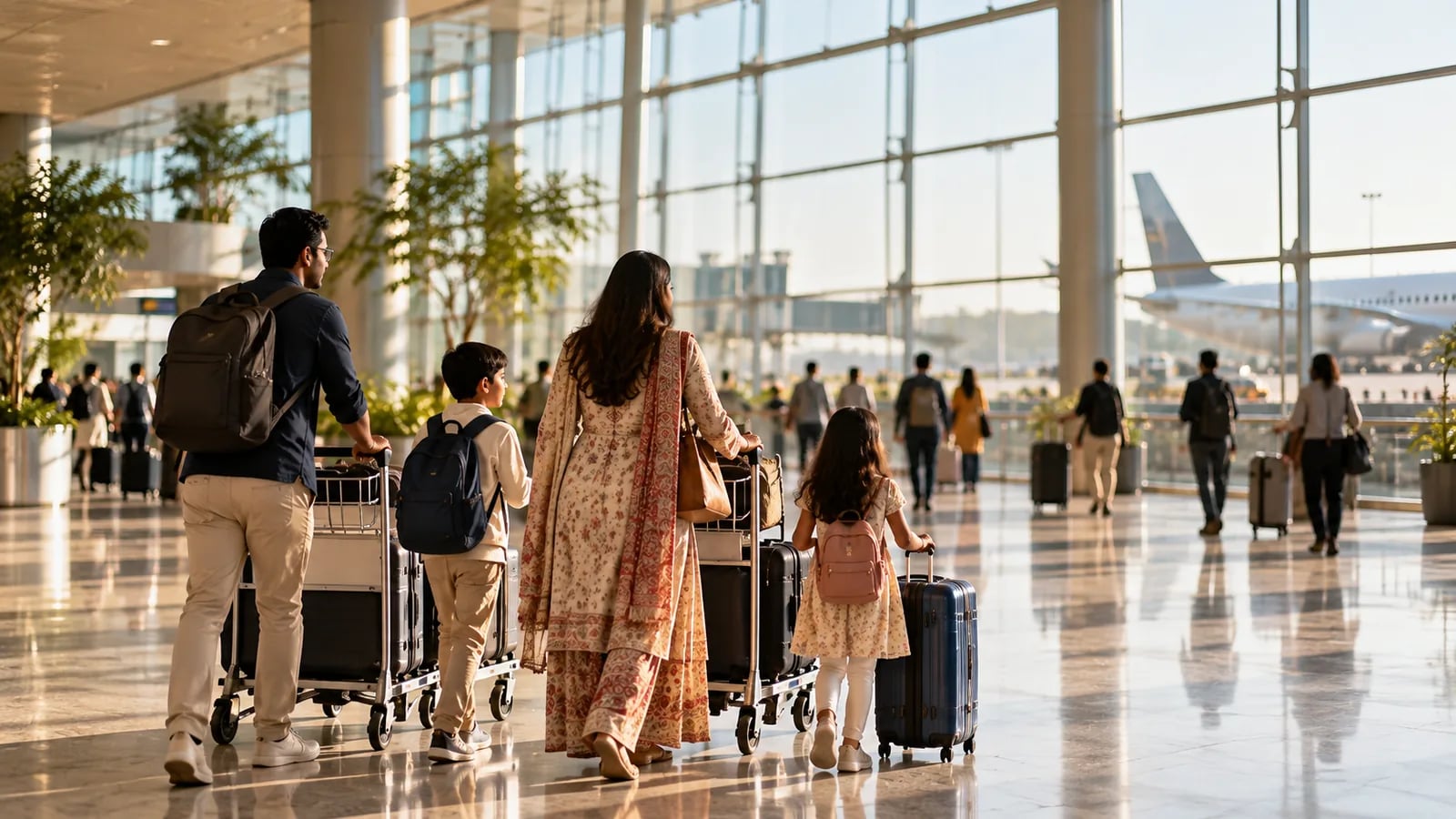 An Indian family arriving with luggage through an Indian airport terminal