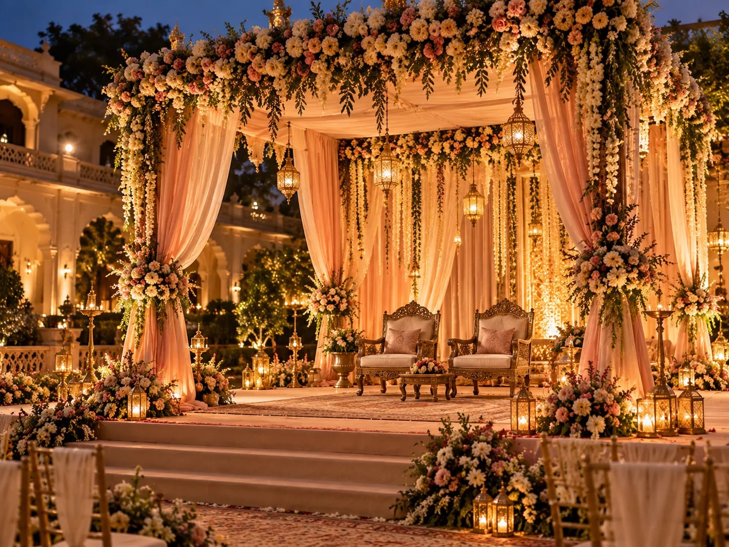 A celebration stage dressed with fresh florals and warm uplighting
