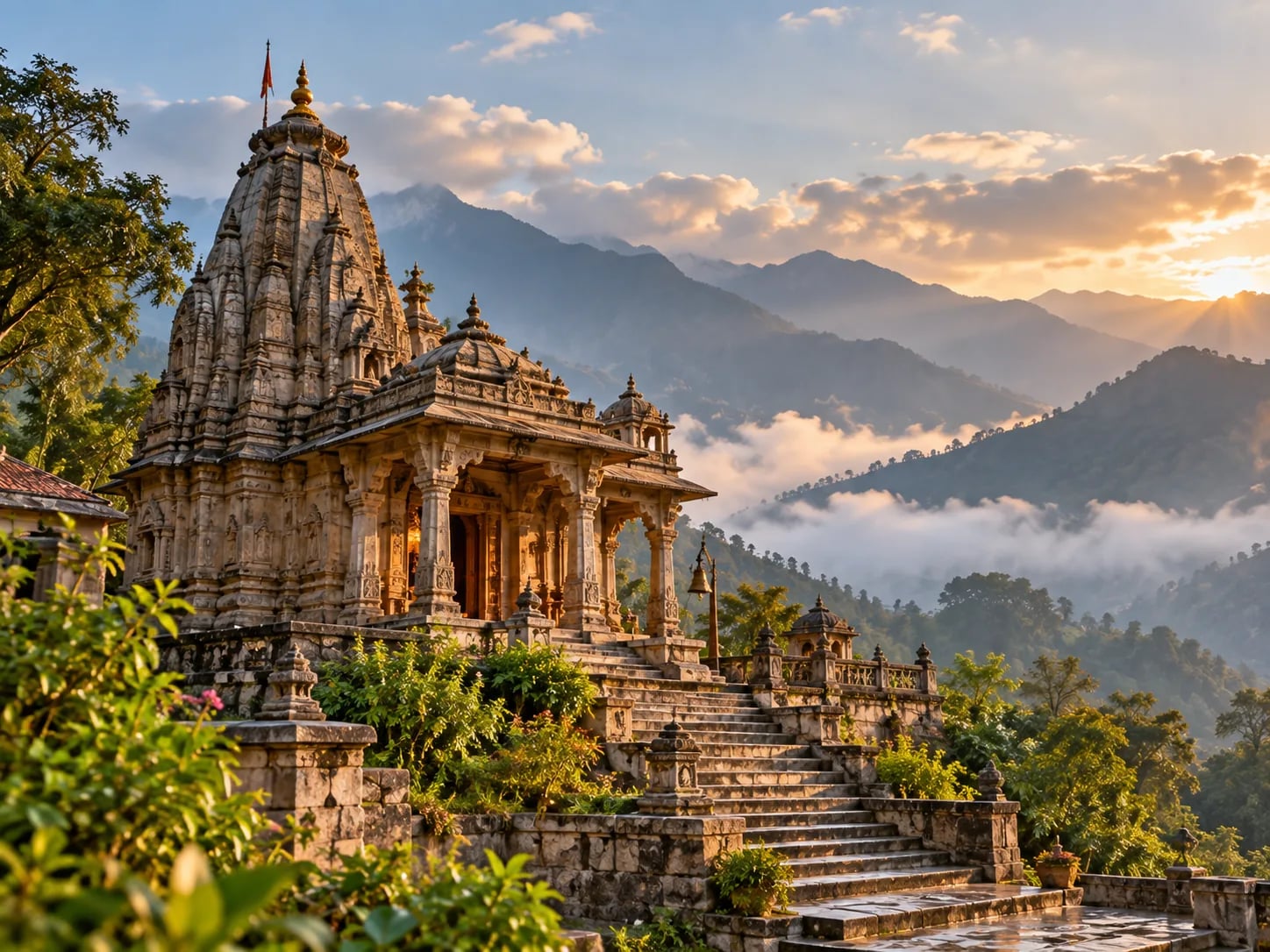 A stone Hindu temple on a green hillside below misty mountains