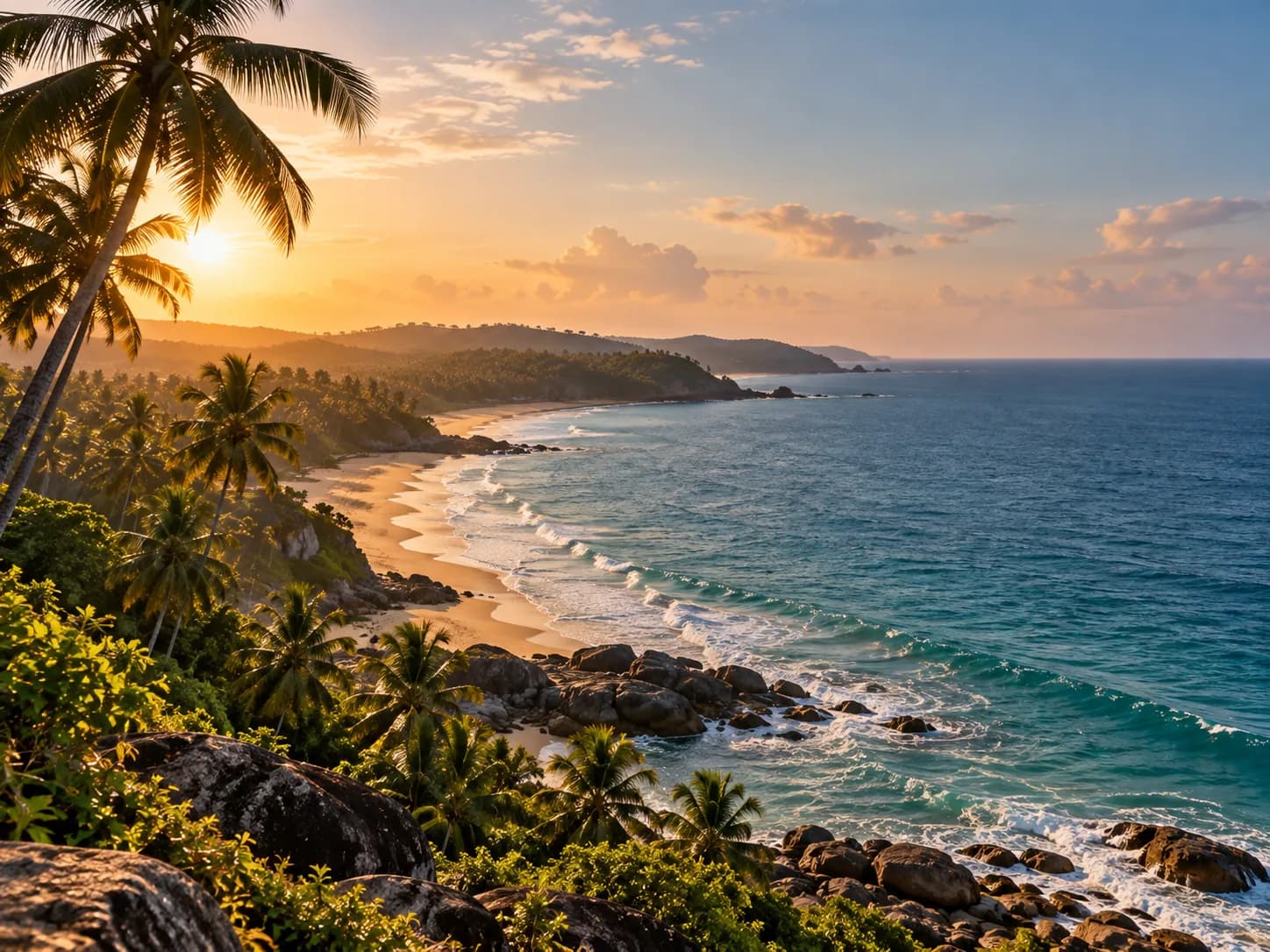 A palm-lined coastline seen from a headland