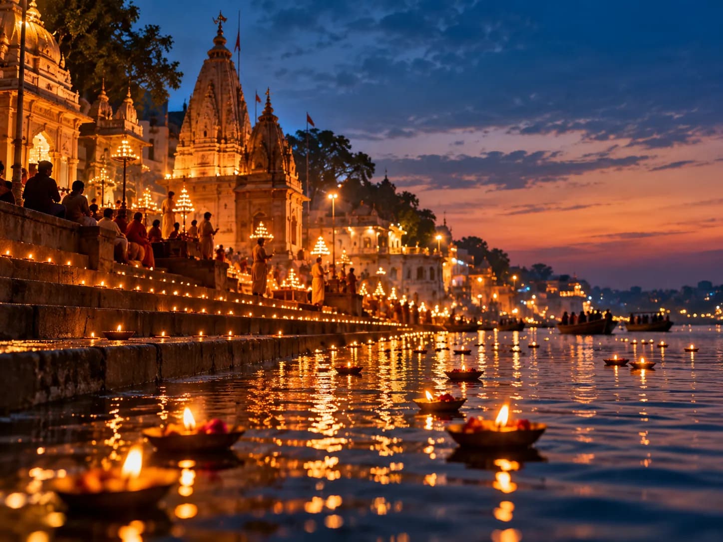 An evening aarti on the ghats, lit by rows of oil lamps