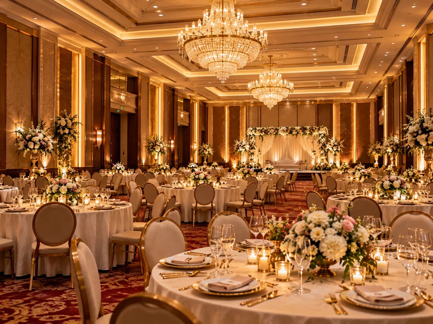 A banquet hall set with round tables beneath chandeliers