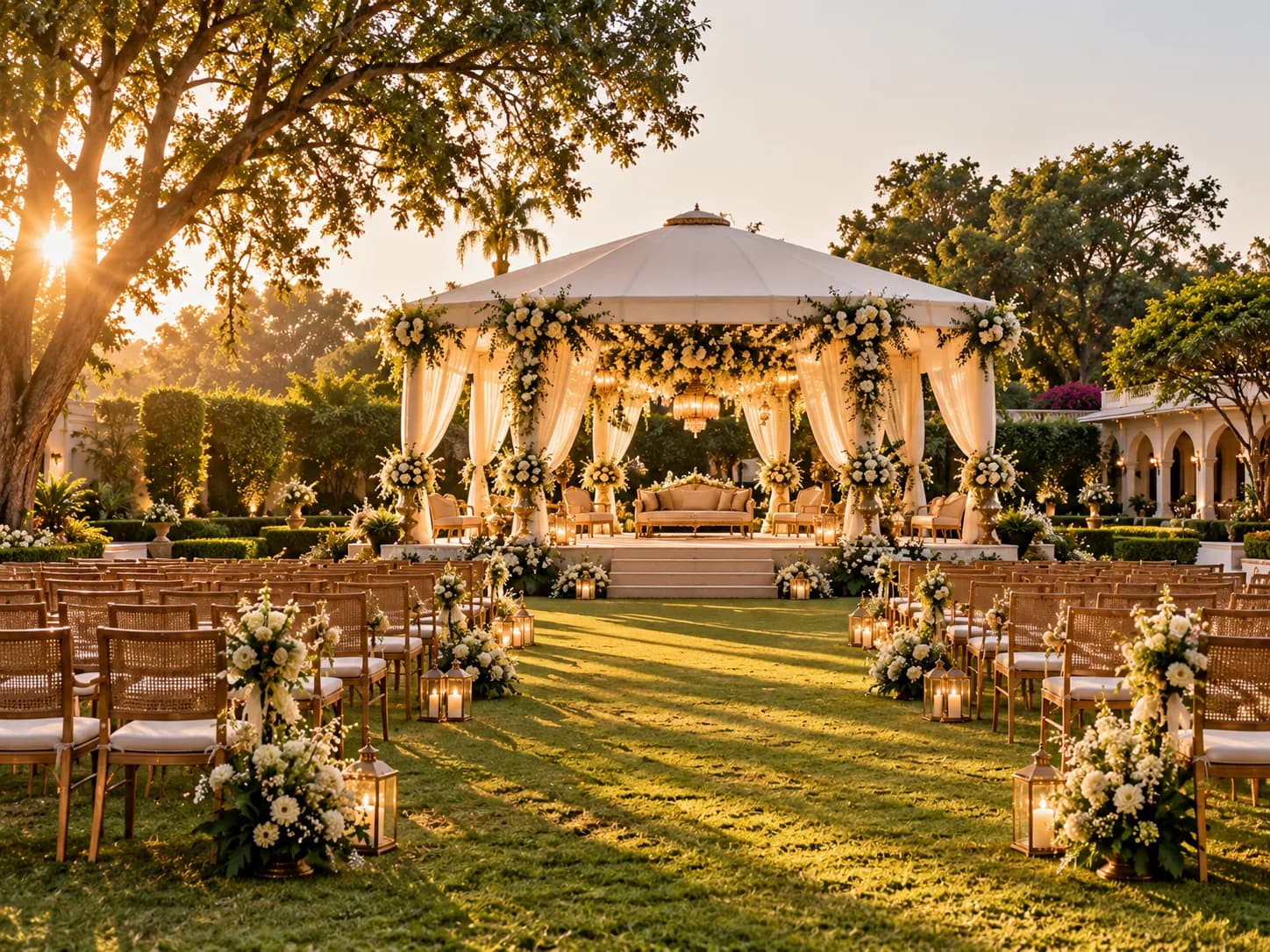 A garden lawn venue with a white open-sided pavilion