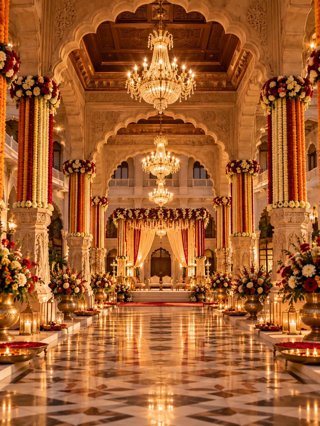 A heritage hall hung with marigold garlands for a wedding